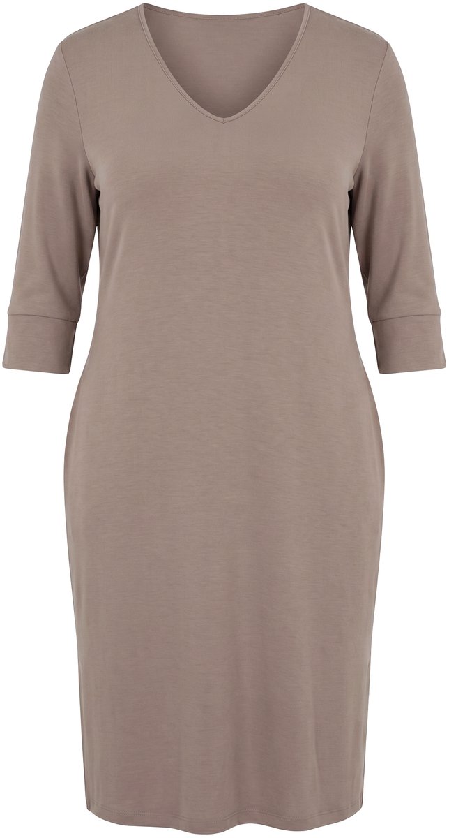 Ulla Popken Dames - Sweatjurk V-hals 3/4-mouw modalmix - Bleekbruin - Maat 42+