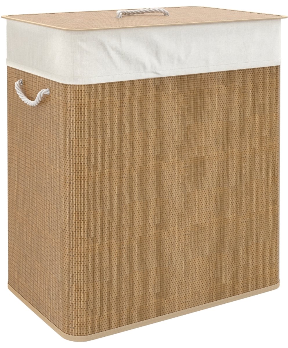 Wasmand 52 × 32 × 63 cm houtkleur bamboe, wasgoedmand met deksel en uitneembare waszak, eenvoudig ontwerp, praktisch en mooi, gebruiksvriendelijk, geschikt voor slaapkamer, badkamer en wasruimte