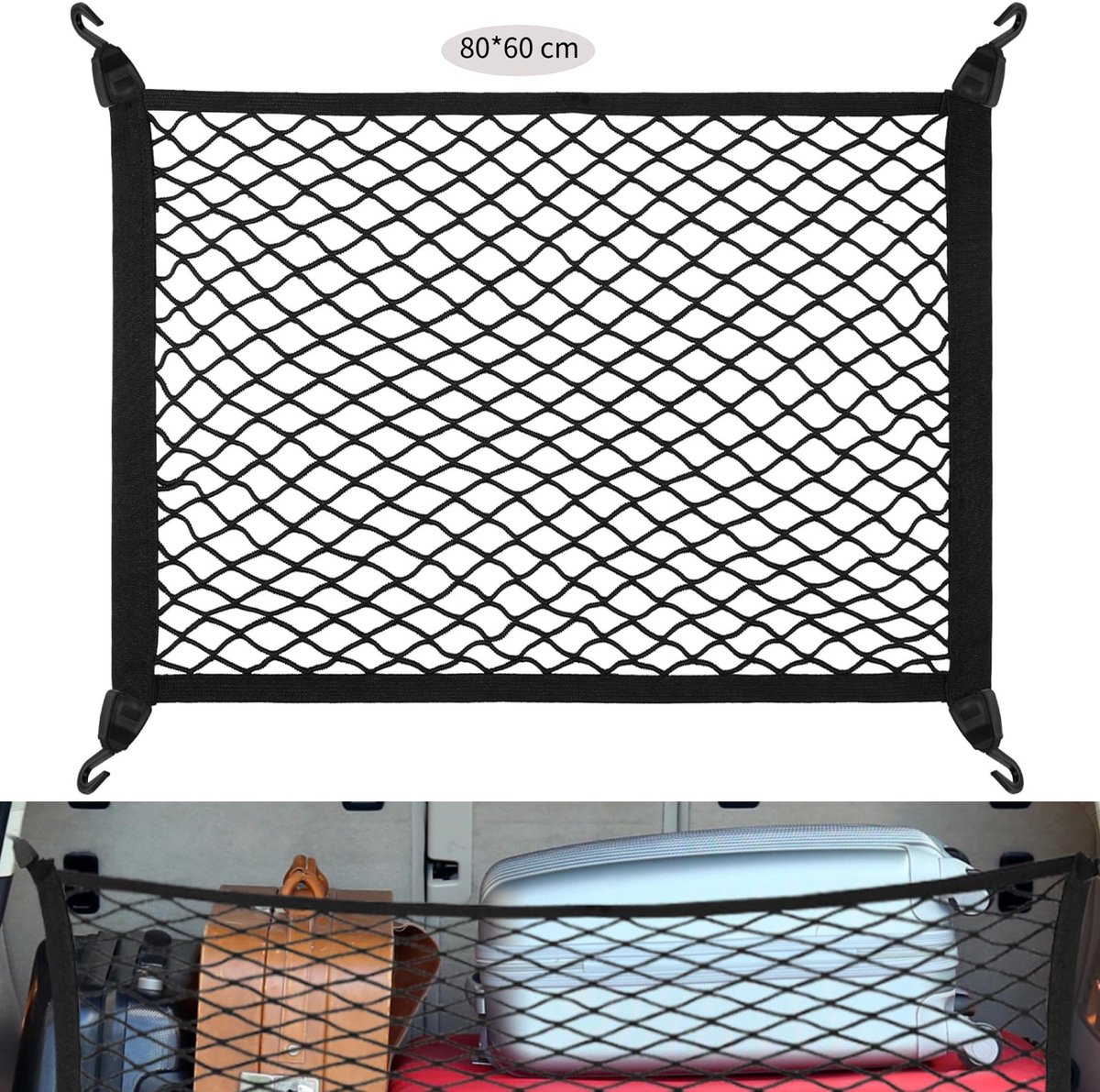 Famanu – Universeel elastisch bagagenet voor de auto, 80 x 60 cm, uitbreidbaar tot 160 x 120 cm, perfect voor het organiseren van bagage