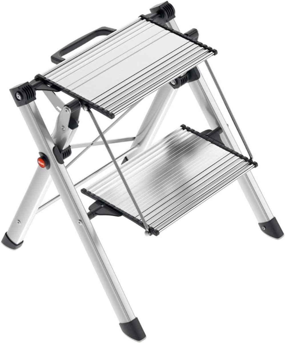 Opstapladder aluminium - Treden kruk - Huishouden en tuin - Grote treden met soft-grip - 2 treden - Zilver