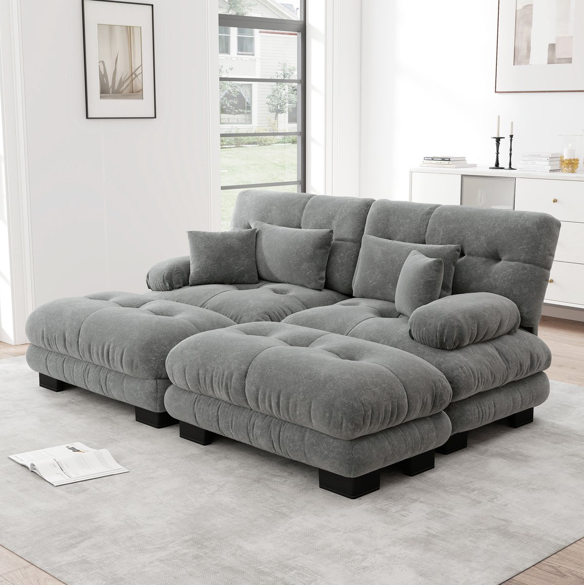 DESMIU Hoekbank - Modulair Cloud Design - 2 Poefs - Met 2 Lendenkussens En 2 Sierkussens - Voor Woonkamer - Chenille Grijs