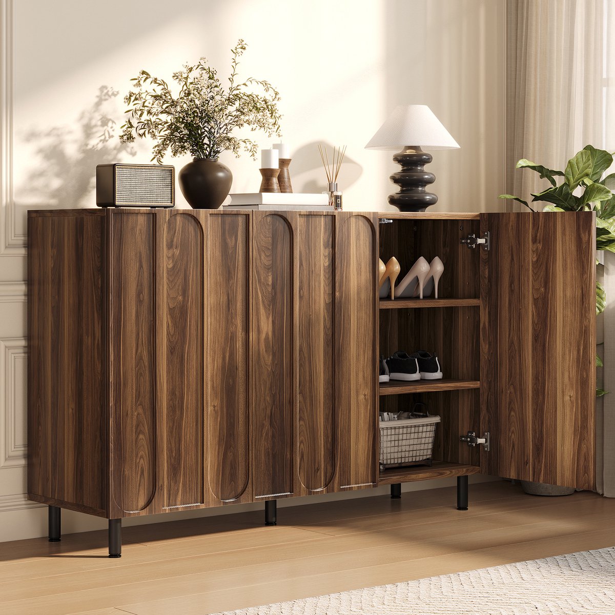 FloraGrace Schoenenkast - 2-In-1 Met 3 Deuren En Verstelbare Legplanken - Voor Hal En Woonkamer - MDF En Spaanplaat - Walnoot - 120x37x80 Cm