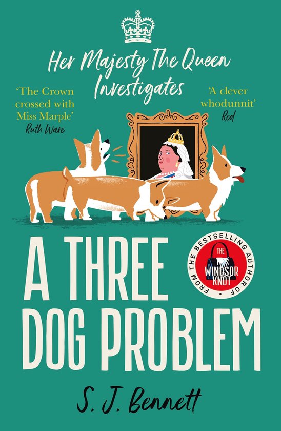Boek "A Three Dog Problem" met een illustratie van de koningin en drie corgi's op een groene achtergrond.