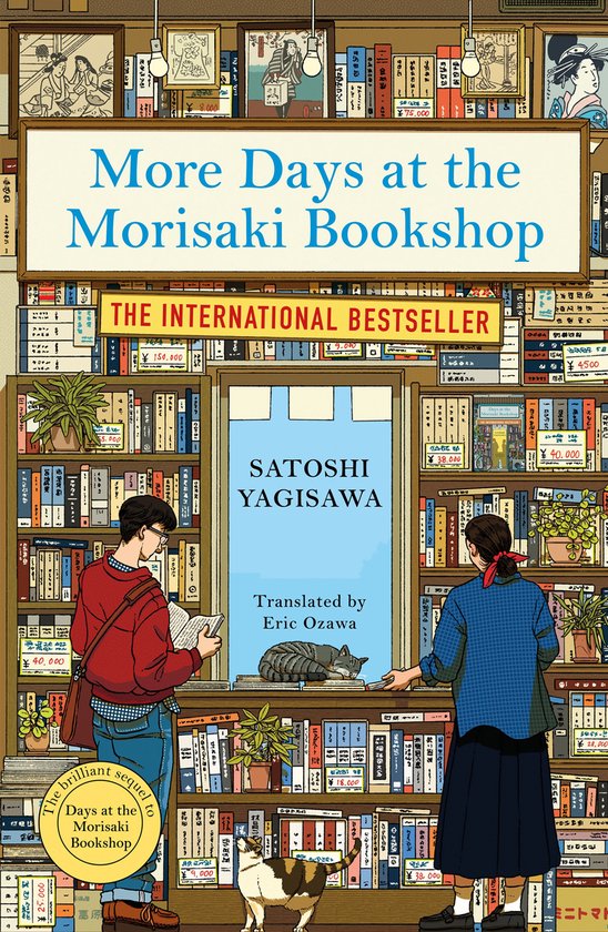 Boekomslag van 'More Days at the Morisaki Bookshop' met twee lezers in een boekwinkel en de tekst 'THE INTERNATIONAL BESTSELLER'.