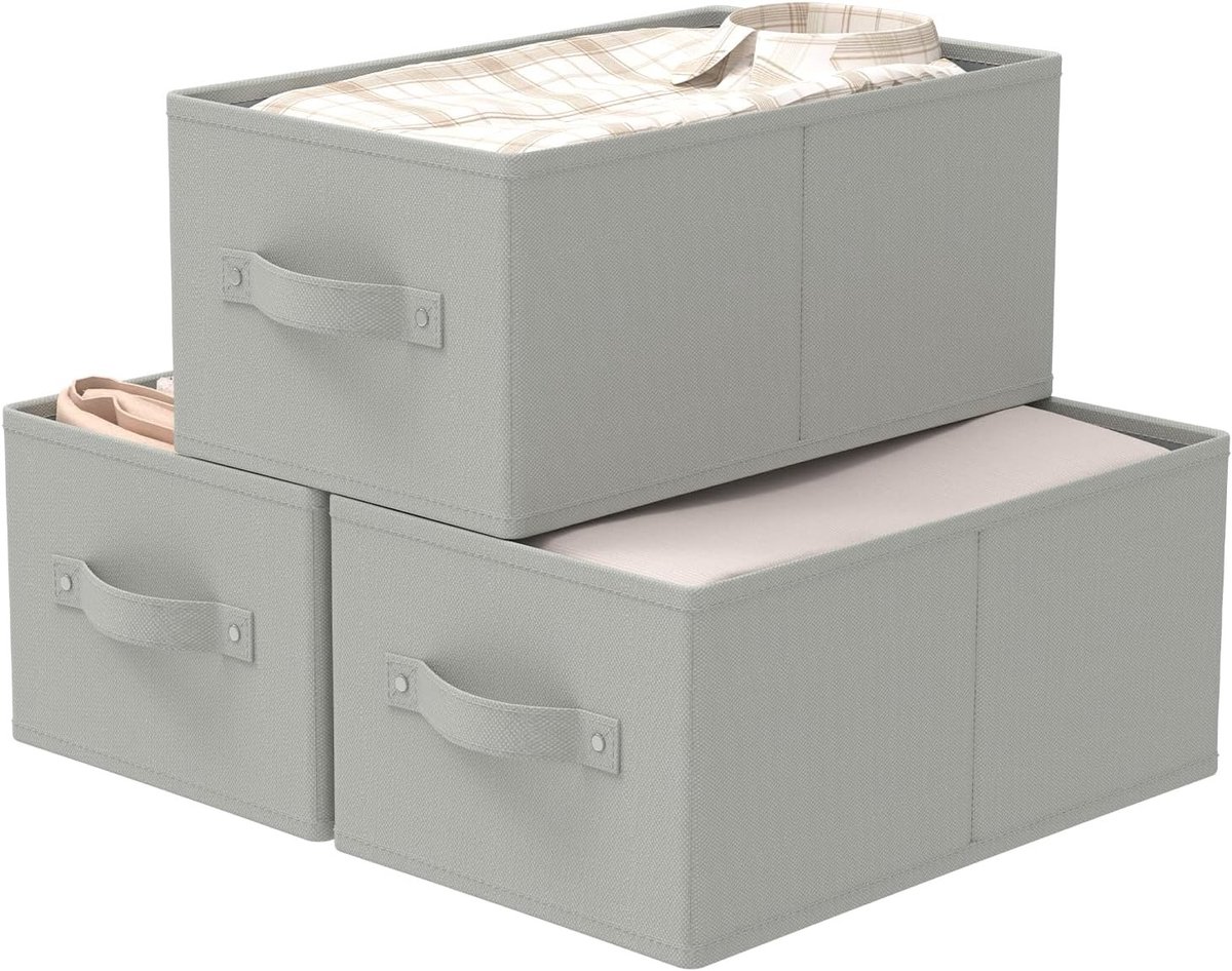 Opbergdozen Set van 3 - Grijs - 47 x 28 x 20 cm - Vlies met Versterkte Handgrepen - Voor Kasten
