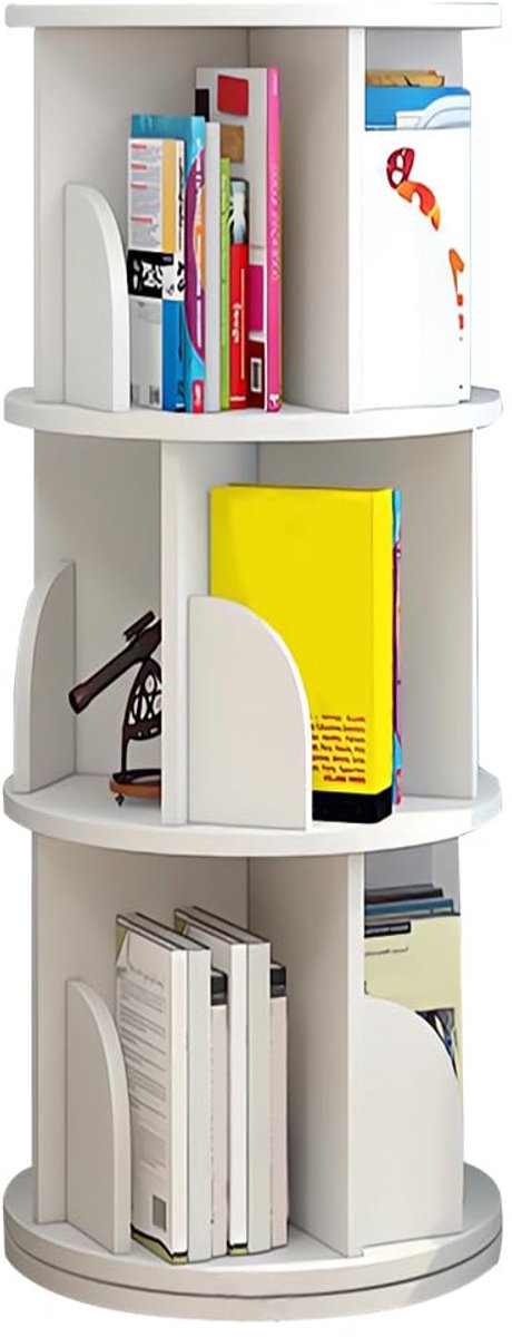 Famanu – Draaibaar boekenrek voor kinderen met 3 niveaus, vrijstaand opbergrek voor boeken en speelgoed, rond, wit, 40 x 40 x 97 cm