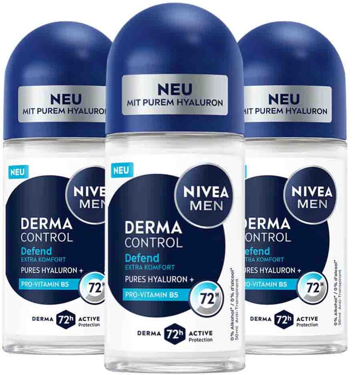 NIVEA Deodorant Roller For Men Derma Control Defend - 3 x 50 ml - Voordeelverpakking