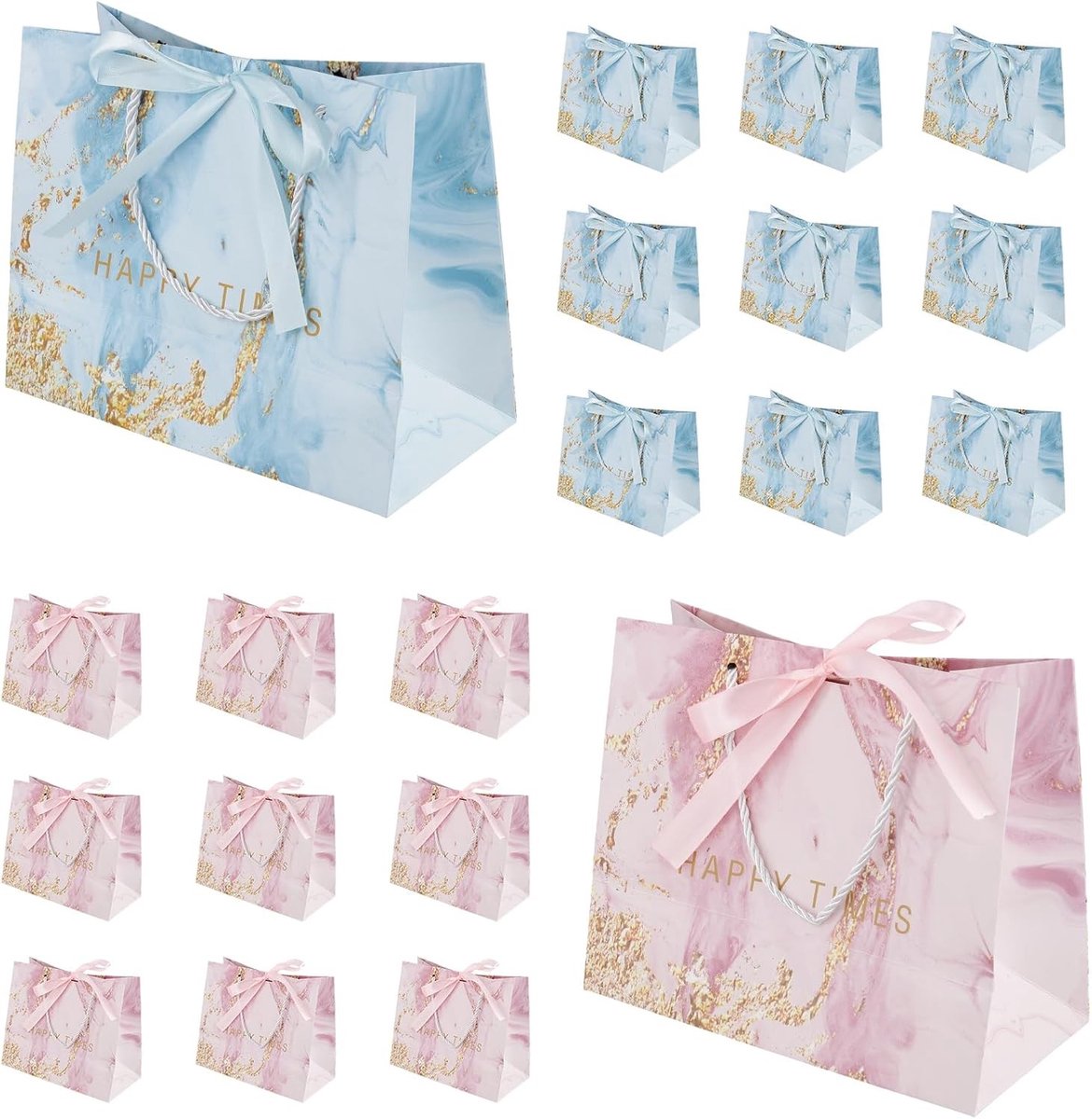 Middelgrote geschenkzakjes 20 stuks met striklint, cadeauzakjes voor verjaardag, bruiloft en feest (blauw, roze)
