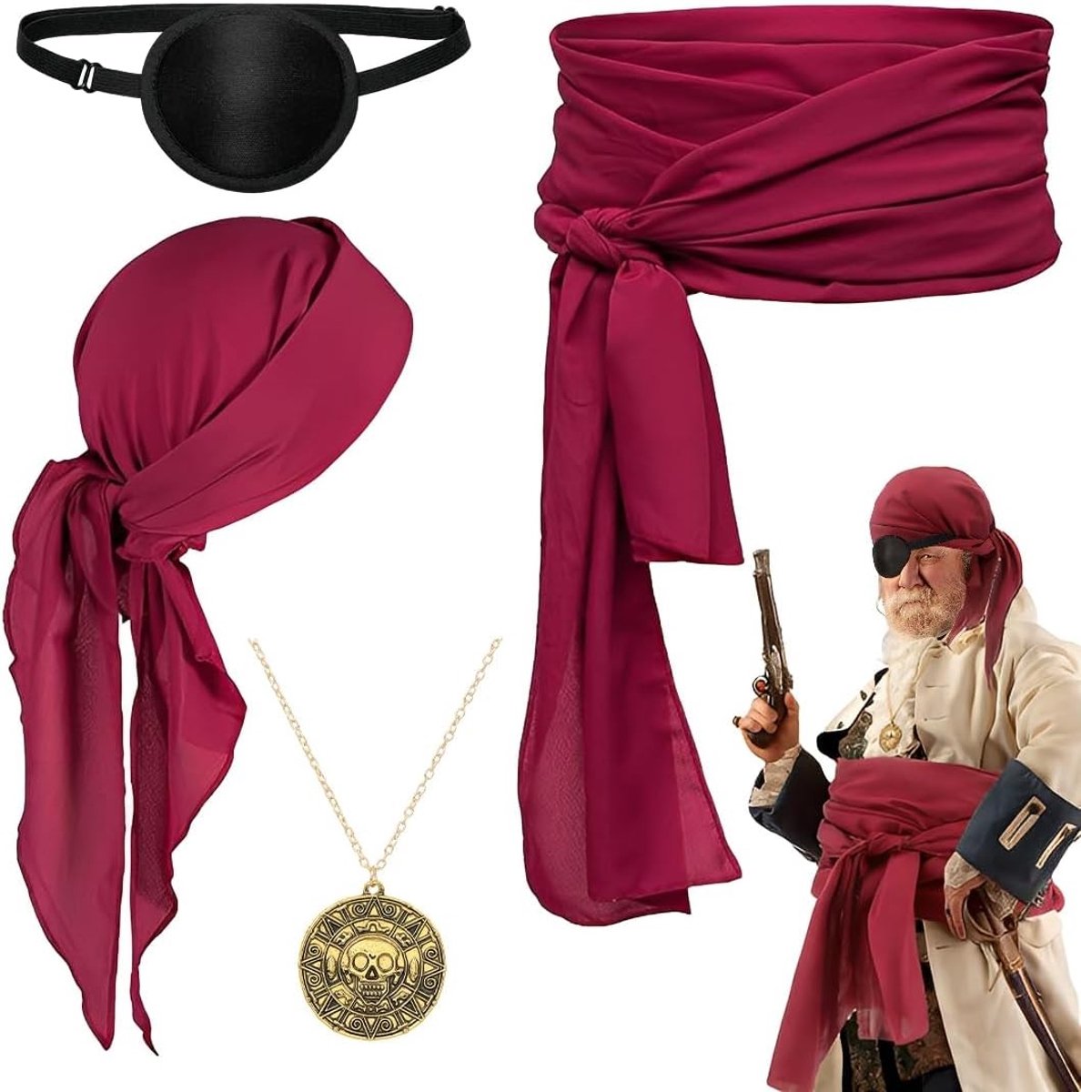 Piratenkostuum Accessoires Set voor Mannen en Vrouwen - Bandana, Riem, Ketting en Masker voor Carnaval en Themapartijen