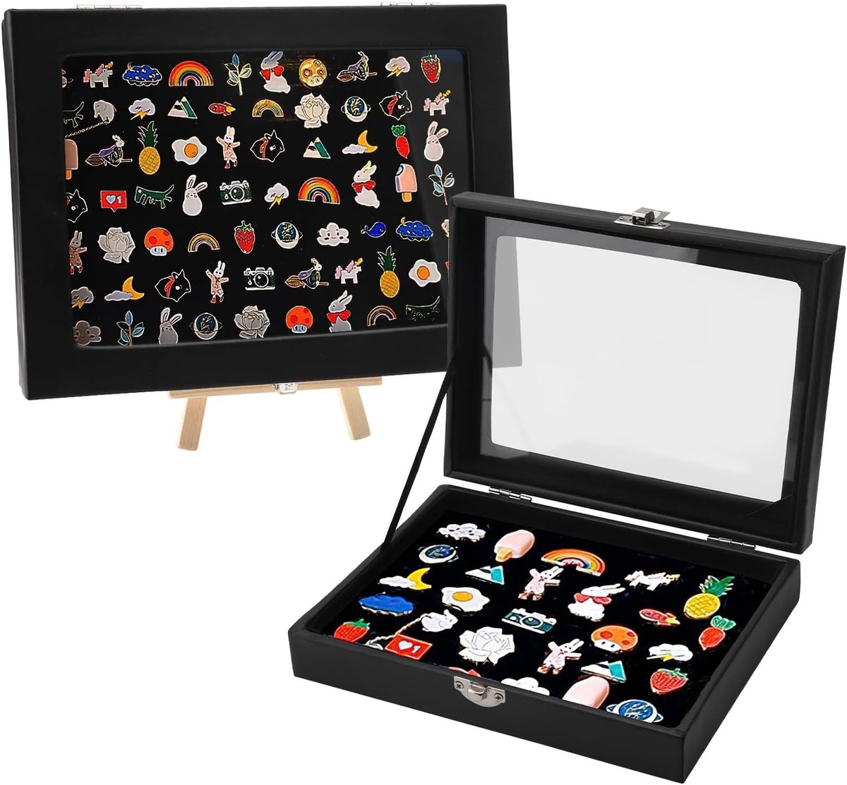 Pin Collector Display - Transparante opbergruimte voor fluwelen pins met houten standaard en ijzeren sluitingen voor het verzamelen van pins