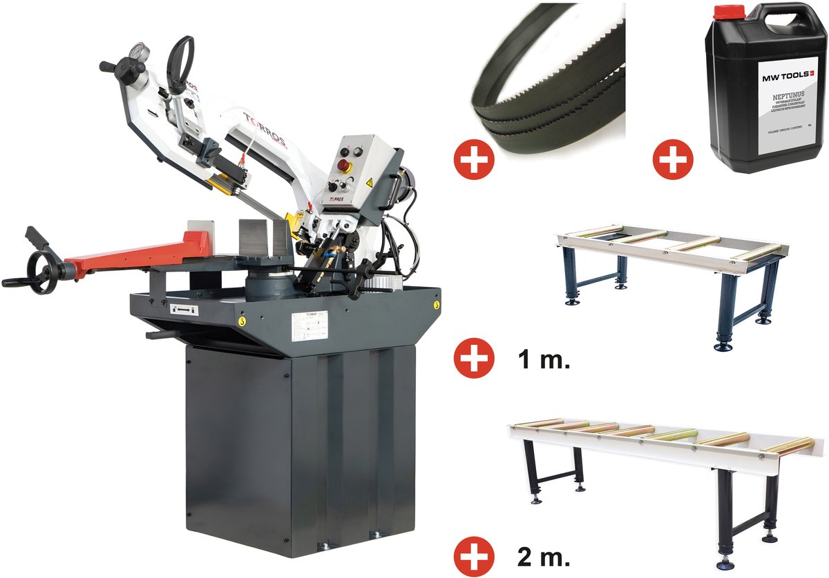 Pack Metaalbandzaag 225 mm Vario 230 V + rollenbanenset (1m & 2m) + 5 zaaglinten & koelmelk Torros SC281GV PACK 2