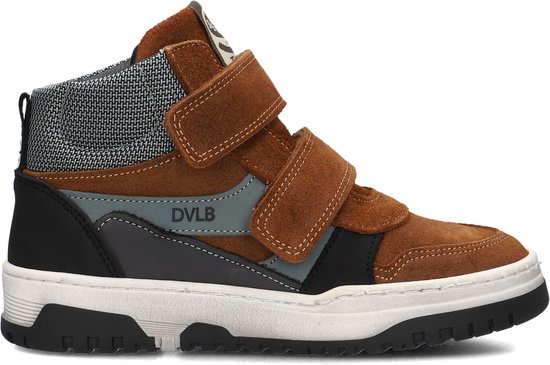 Bruine suède hoge sneaker met klittenbandsluiting en DVL B logo op de zijkant.