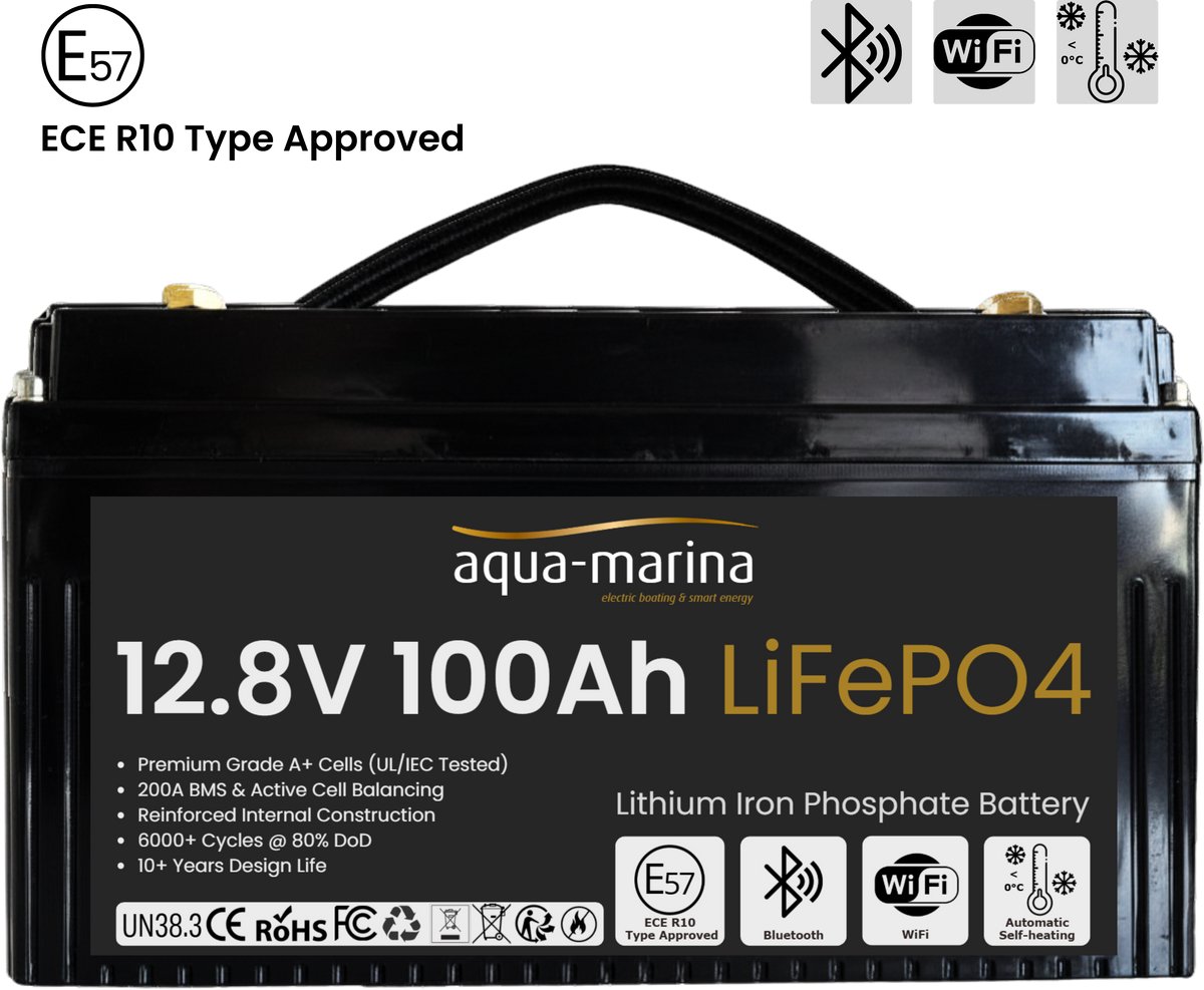 Aqua-Marina ProLine 12.8V 100Ah LiFePO4 Accu ECE R10 Bluetooth WiFi Self-Heating Undersitz DIN H190
