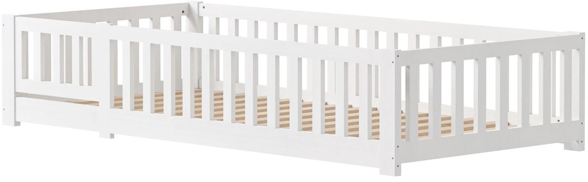 Brandistry - Kinder Bed - Veilig Peuter Bed - Massief Montessori Houten Vloer Bed Met Valbeveiliging - 200x90 Cm - Wit