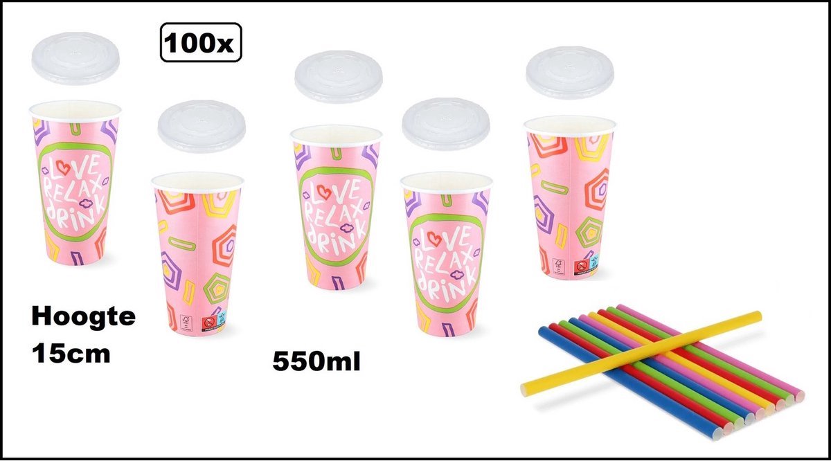 100x Milkshake beker Relax roze 550ml + 100x deksel + 100x rietjes color - Karton - Drinken beker thema feest festival evenement fun diner milkshakebeker