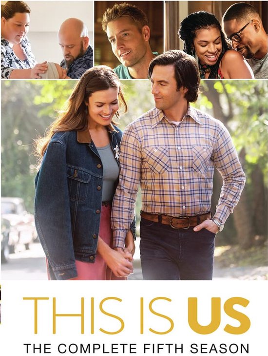 De cast van This is Us, inclusief Milo Ventimiglia en Mandy Moore, met de tekst 'This Is Us - The Complete Fifth Season'.