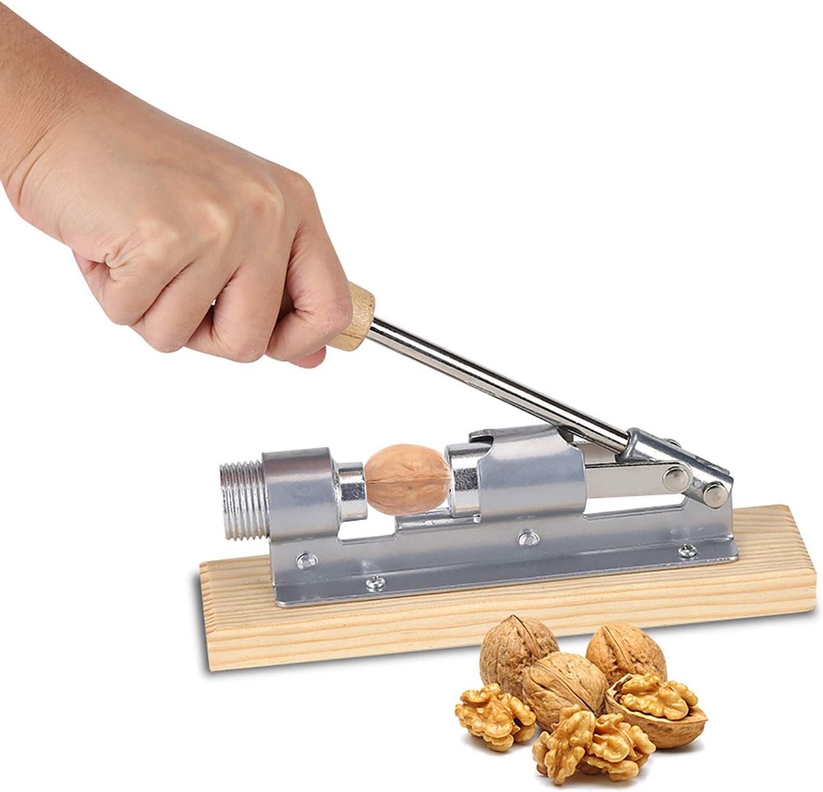 Handmatige Walnootkraker met Houten Basis en Handvat - Perfecte Keuken Gadget voor Noten Openen en Koken