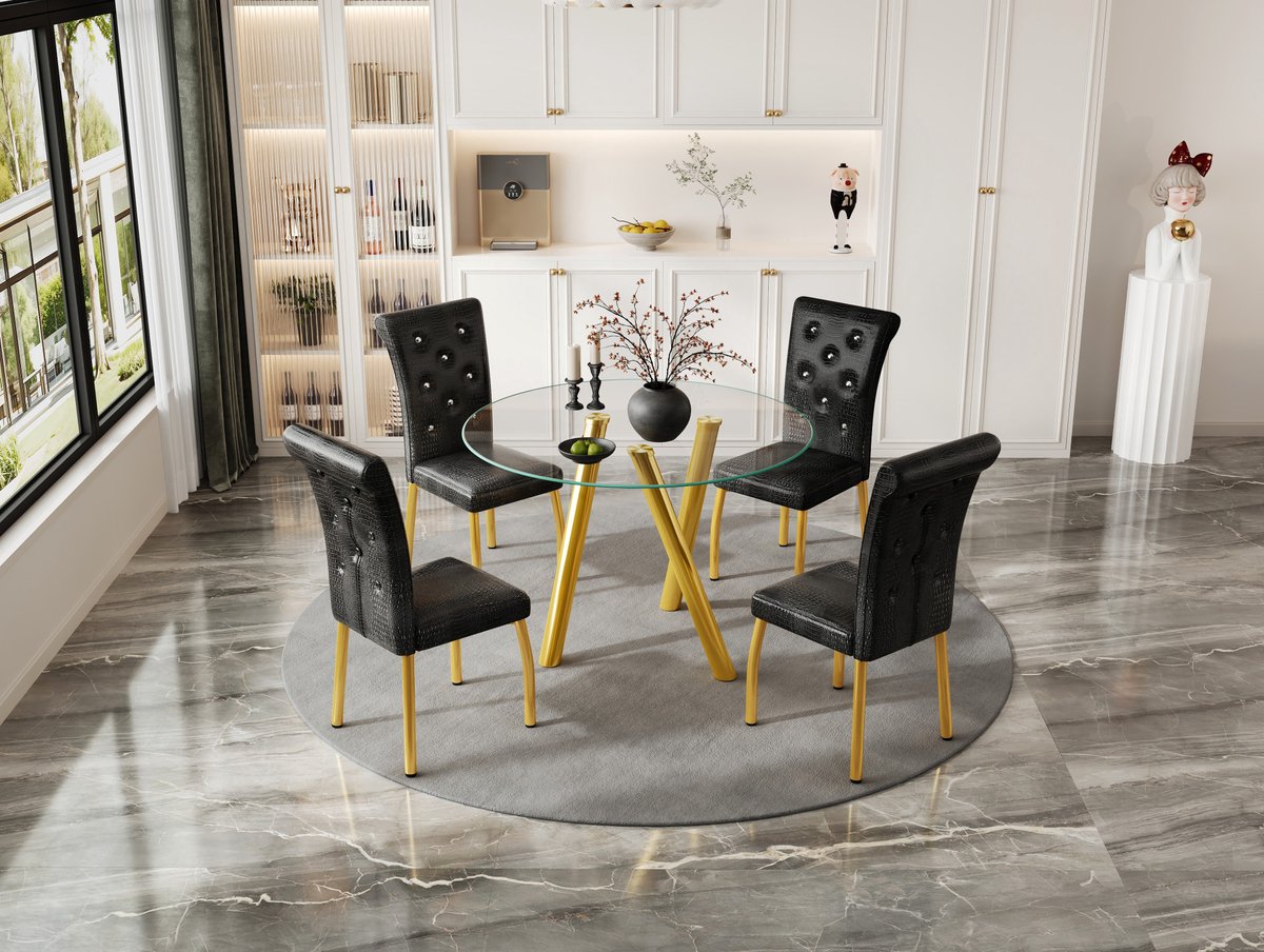 OKWISH Eettafelset – 5-delig Rond Met Gehard Glas En Metalen Poten – 4 Stoelen Voor Eetkamer En Keuken – Zwart