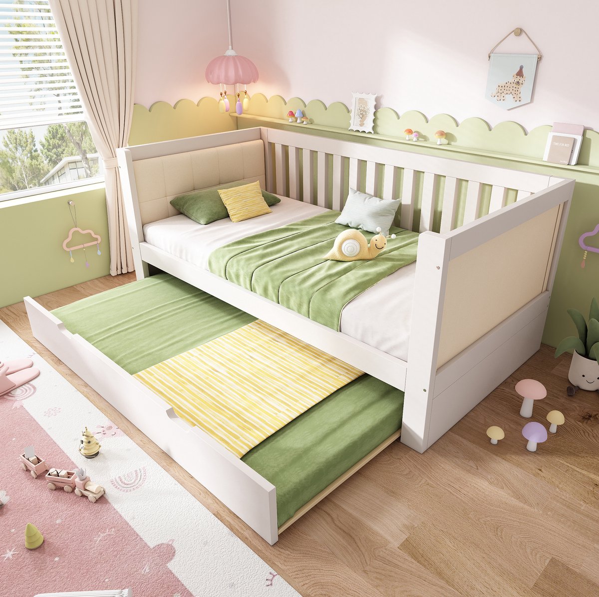 Wishdor Bedbank 90x200 cm met uittrekbed 90x190 - Wit - Lattenbodem - Hout - Voor slaapkamer logeerkamer kleine ruimtes - Zonder matras - 208 x 95 x 74 cm