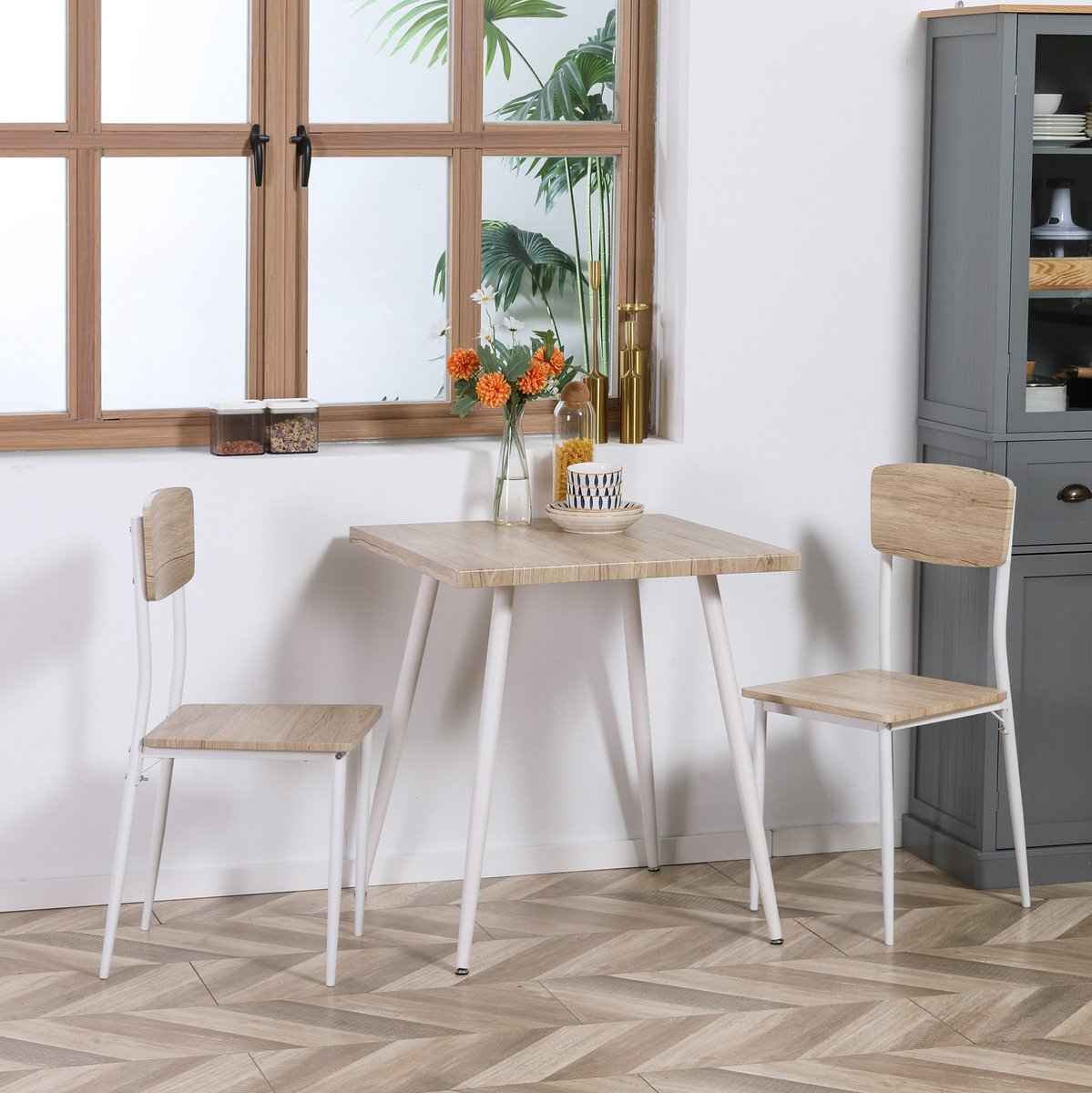 OKWISH Eettafelset – 3-delige Essgroep met 1 Tafel en 2 Stoelen – Landelijke Stijl Voor Keuken, Ontbijthoek of Café – MDF en Metaal – Naturel en Wit