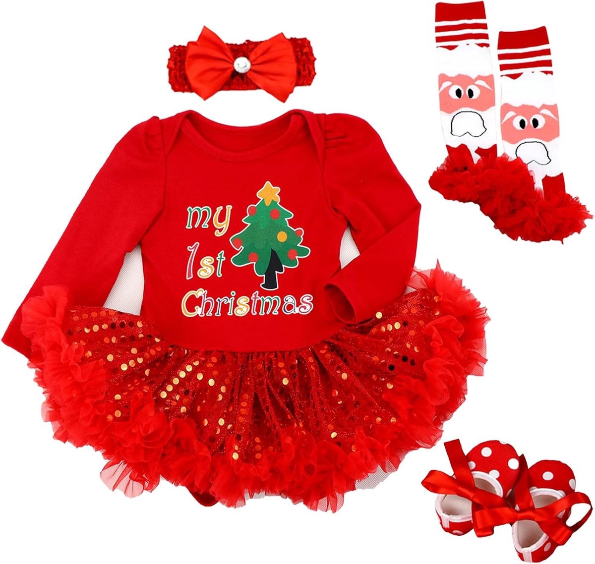 Schattige Eerste Kerst Outfit voor Baby Meisjes - Romper, Tutu Jurk, Pailletten Rok met Schoenen en Haarband, Perfect Cadeau voor de Feestdagen