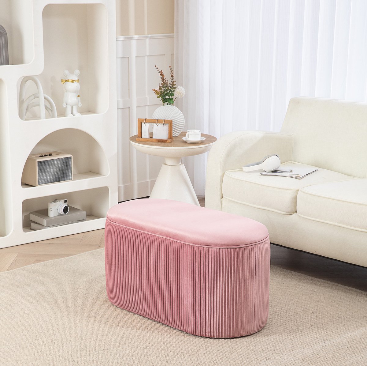 REDOM - Opbergbank - Fluwelen bekleding - Opbergruimte - Retro stijl - Woonkamer, slaapkamer en hal - Polyester - Roze - 81 x 40 x 41 cm