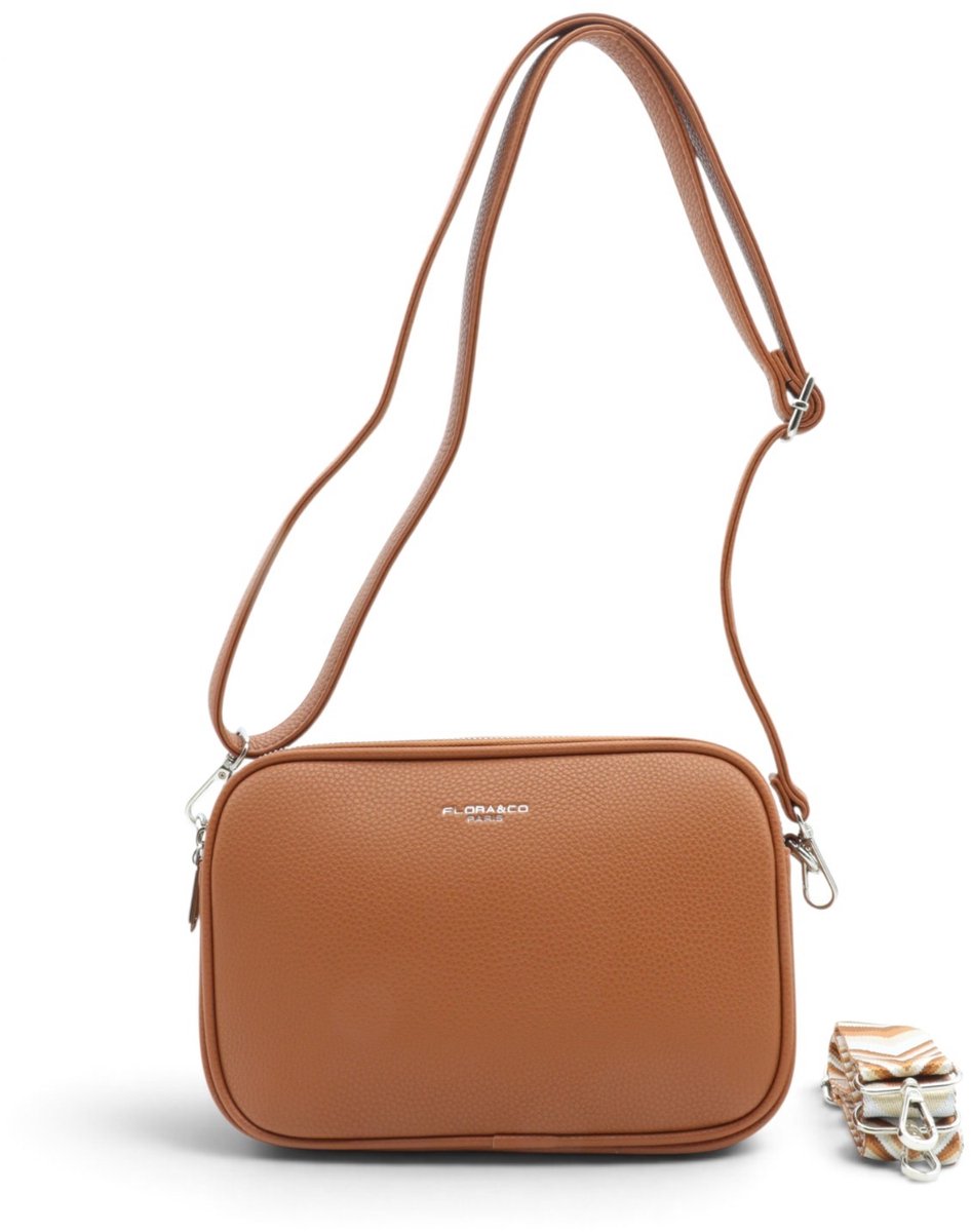 Flora&Co - Paris - Crossbody handtas - 3 vakken met rits - instelbare riem & fashion riem - camel
