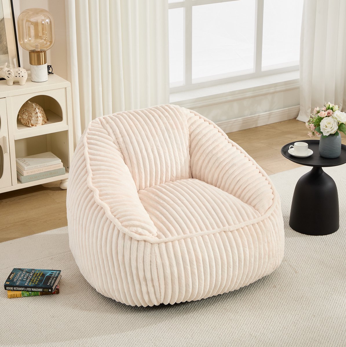 COVREO Zitzak stoel 46x43x29 cm beige chenille - met rugleuning en memory schuimvulling voor binnen