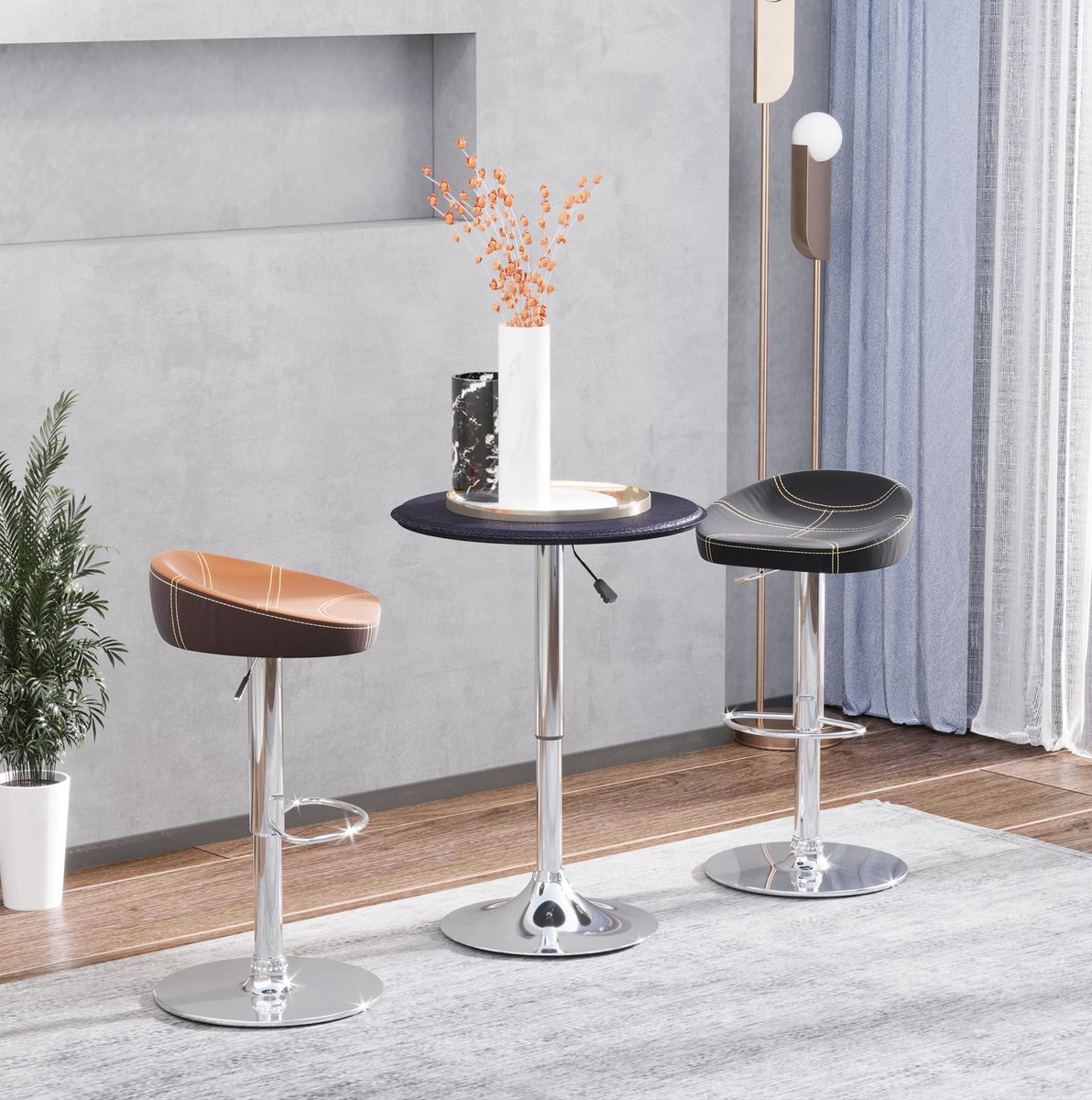 OKWISH Bartafel Verstelbaar Met 360 Gradendraaiende Ronde Tafelblad Kunstleer Zwart Chromen Voet 63 X 63 X 67 93 Cm