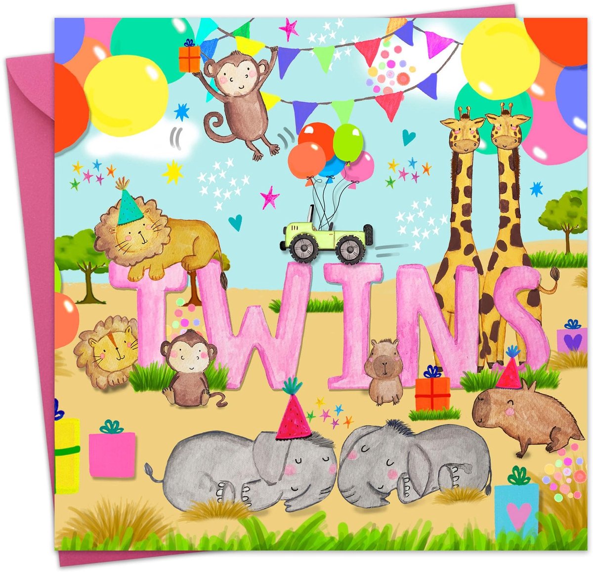 Elzusha - Dubbele geboortekaart voor meisje - Schattige dieren met envelop