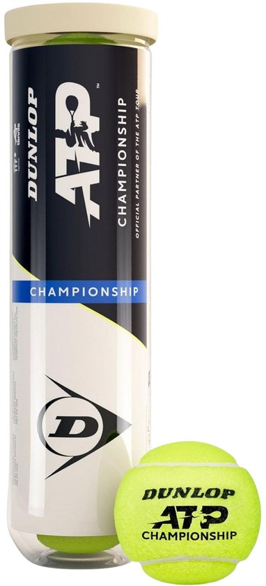 Dunlop ATP Championship tennisbal met gele, groene en zwarte opdruk.
