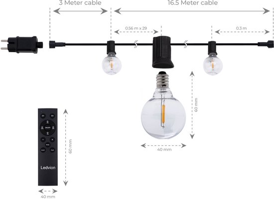 Afmetingen van LED-lichtsnoer: 16,5 meter kabel, 3 meter aansluitkabel, 30 LED-lampen, 40 mm brede lampen.