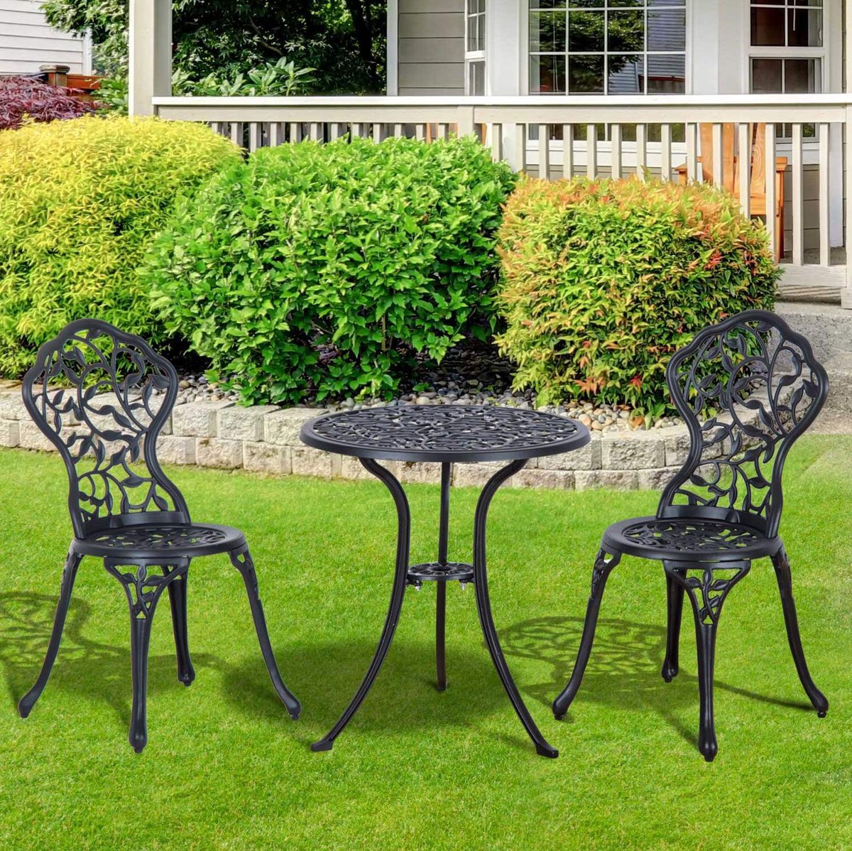 REDOM - Bistroset - 2 personen - Rond tafelblad - Inclusief 2 stoelen - Buitengebruik - Aluminium - Zwart - 60 x 60 x 65 cm