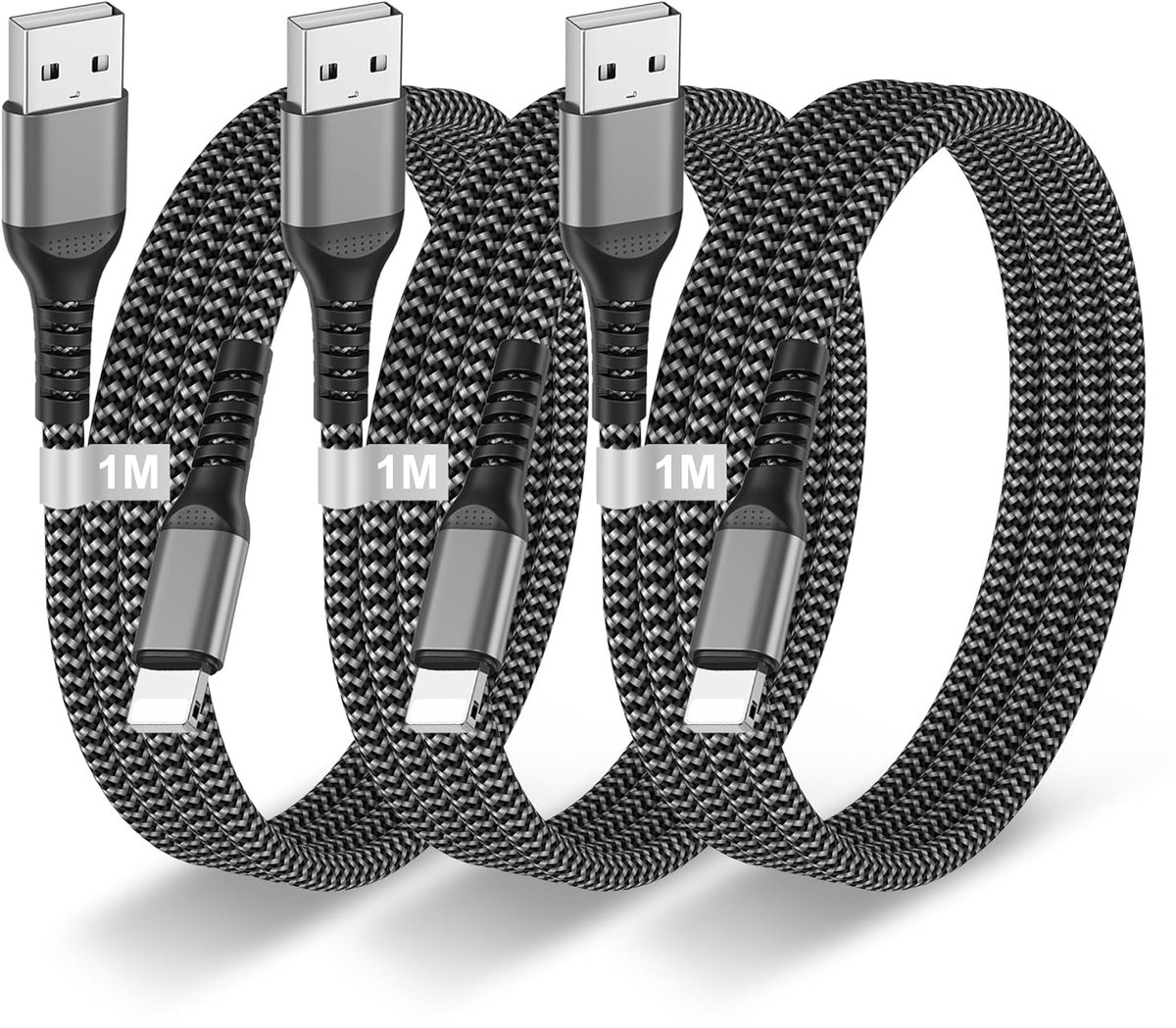 Kabelset van 1M en 1M, MFi-gecertificeerde nylon Lightning-kabel voor iPhone en iPad, 2.4A USB voor snelle oplading en duurzame verbinding