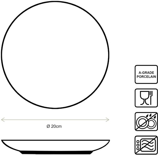 Technische tekening van een wit bord, Ø 20cm, met gouden rand. Toont iconen voor A-grade porselein, vaatwasser- en magnetronbestendig.