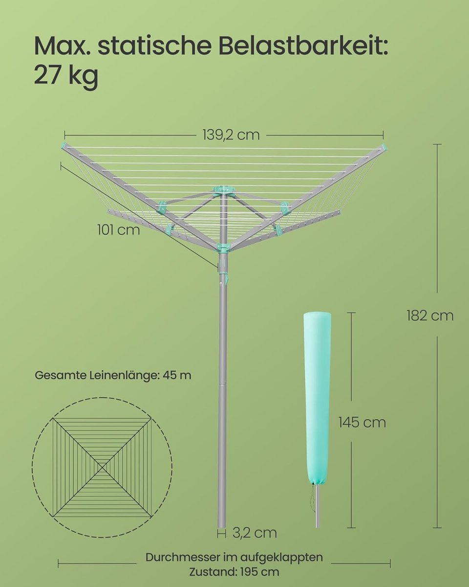 SONGMICS Waslijn, draaibaar, inklapbaar, 45 m waslijn