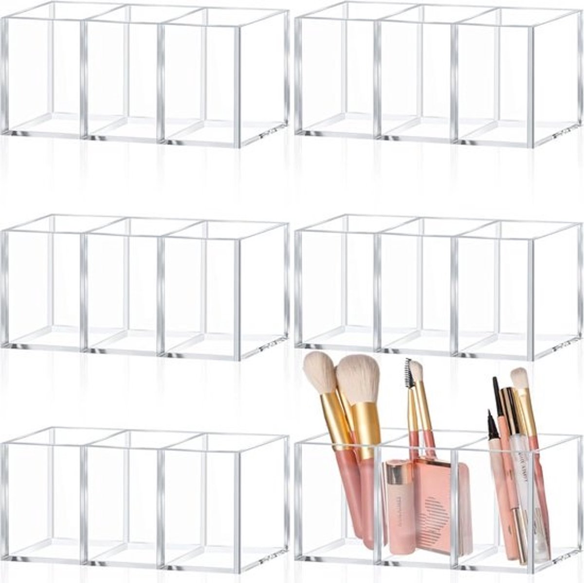Transparante acryl pennenhouder met 3 compartimenten - Organizer voor make-up, pennen en borstels