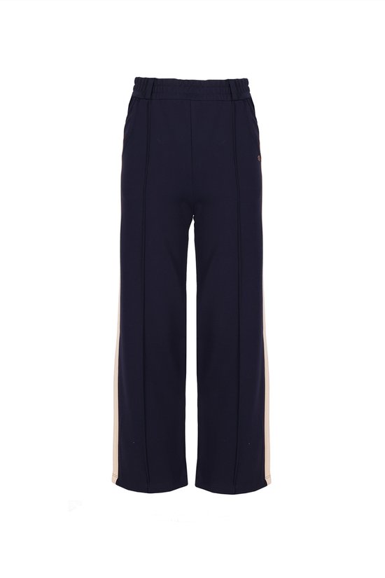 Donkerblauwe broek met beige streep aan de zijkant, elastische tailleband en knoopdetails.