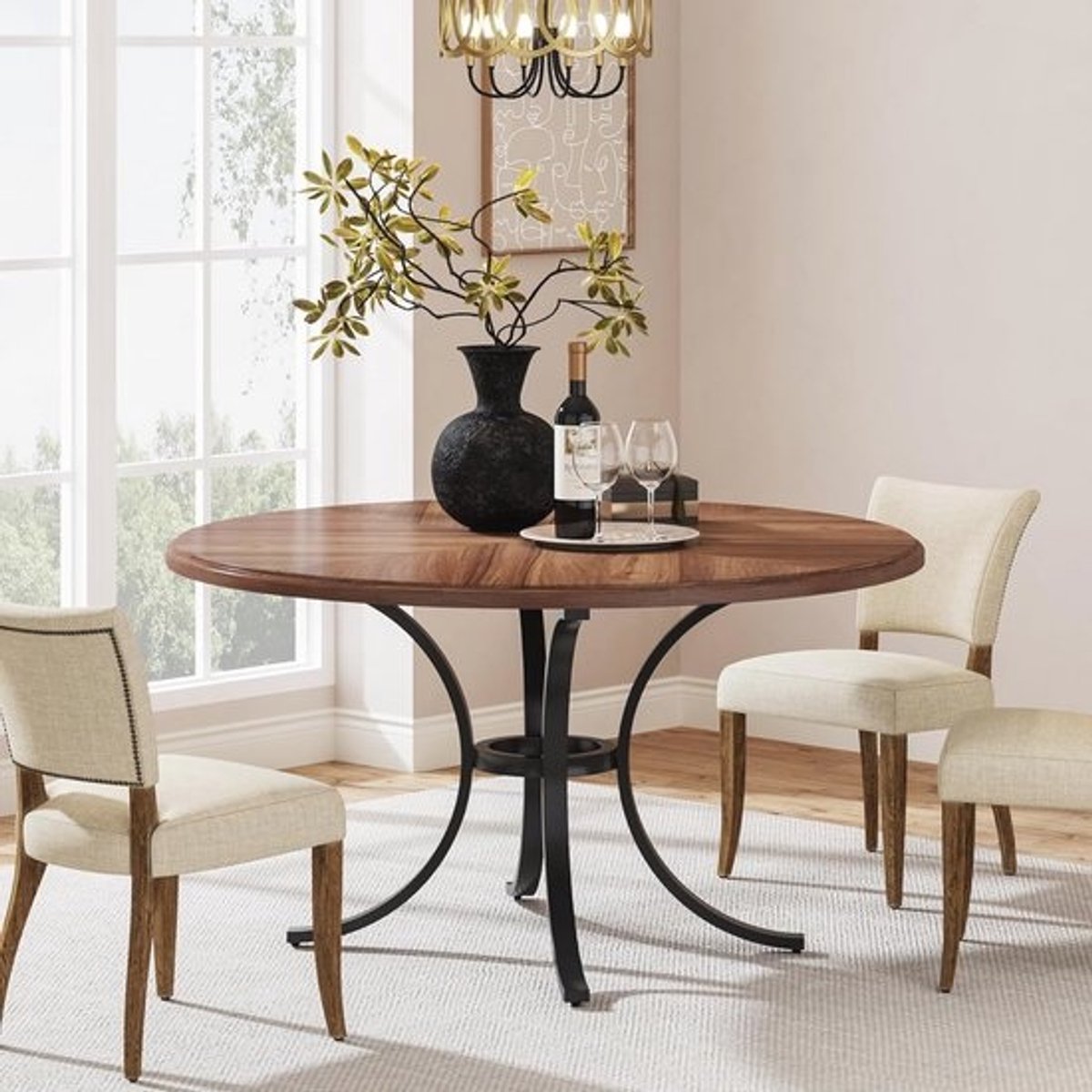 Ronde Eettafel voor 4-6 Personen, 120 cm, Modern met Houtnerf, Rustieke Tafel voor Eetkamer en Woonkamer