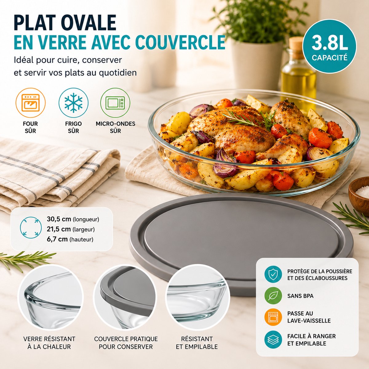 merkloos Ovale Glazen Schaal met Deksel 30x21 cm - Oven, Magnetron en Vriezer Bestendig - 3,8L Inhoud