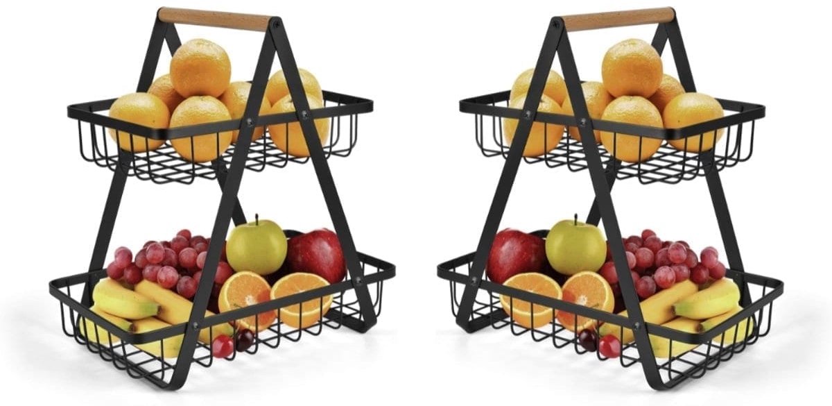 Klarven® Fruitschaal Zwart - 2 Laags Fruitetagere van Metaal - Aanrecht Organiser voor Fruit, Brood en Snacks - Fruitbakje Staand - B 30 x D 30 x H 24 cm