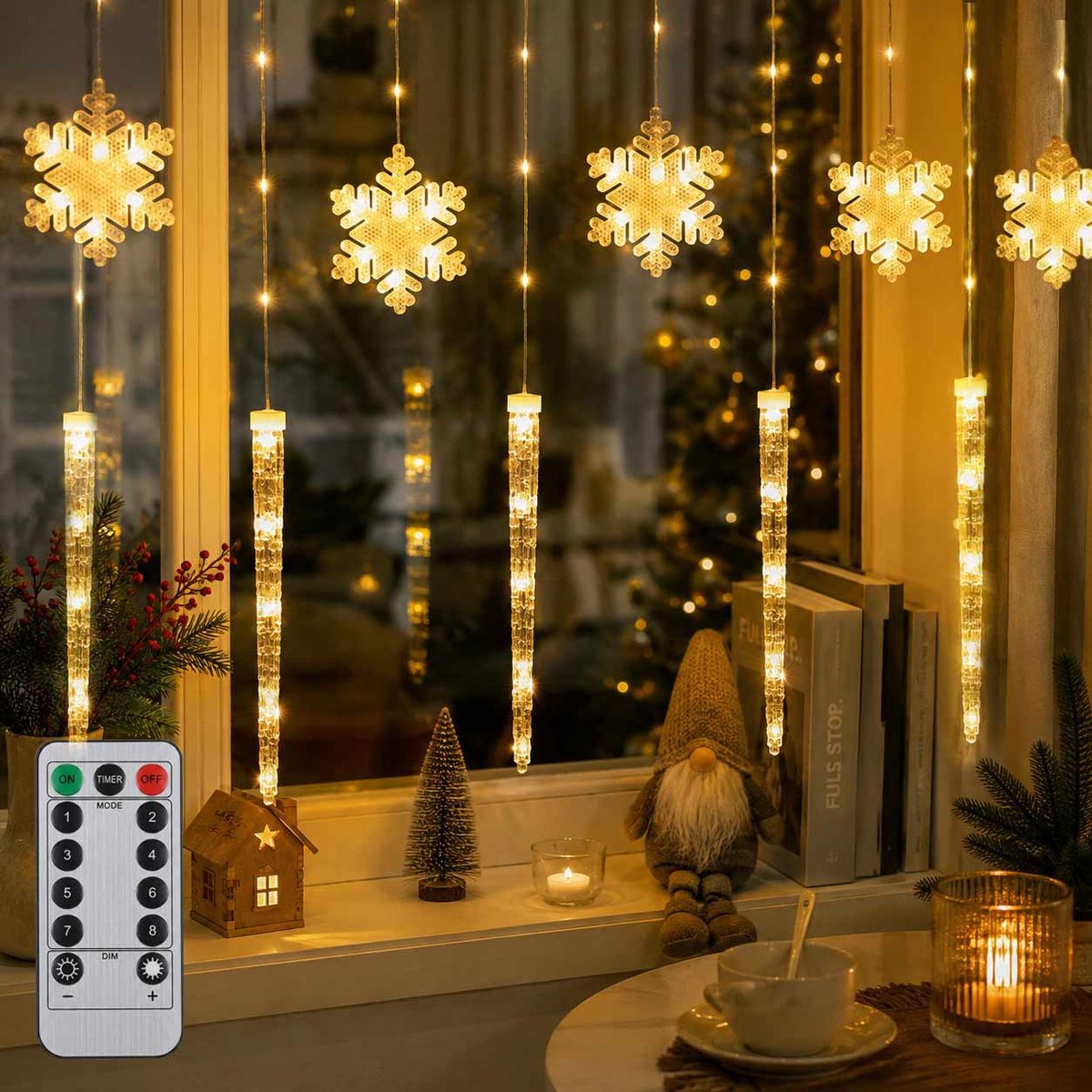 Meedeer Kerst Raamverlichting-Kerstverlichting Ijspegel-3m x 0,8m LED String-binnen-hangende lichtjes-USB-8 verlichtingsmodi-Voor Indoor Party Bruiloft Slaapkamer (Warm Wit)