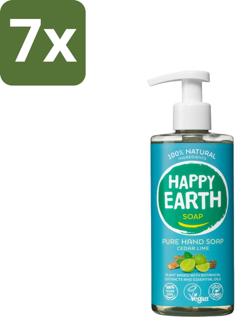 Happy Earth – Handzeep – 100% Natuurlijk Cedar Lime – 300 ml - Bulkverpakking - 7 stuks