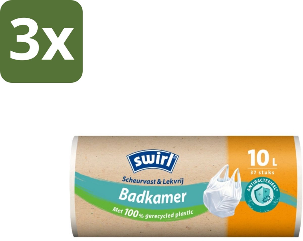 Swirl – Vuilniszakken – 10 L – Handvatten – 37 zakken - Bulkverpakking - 3 stuks