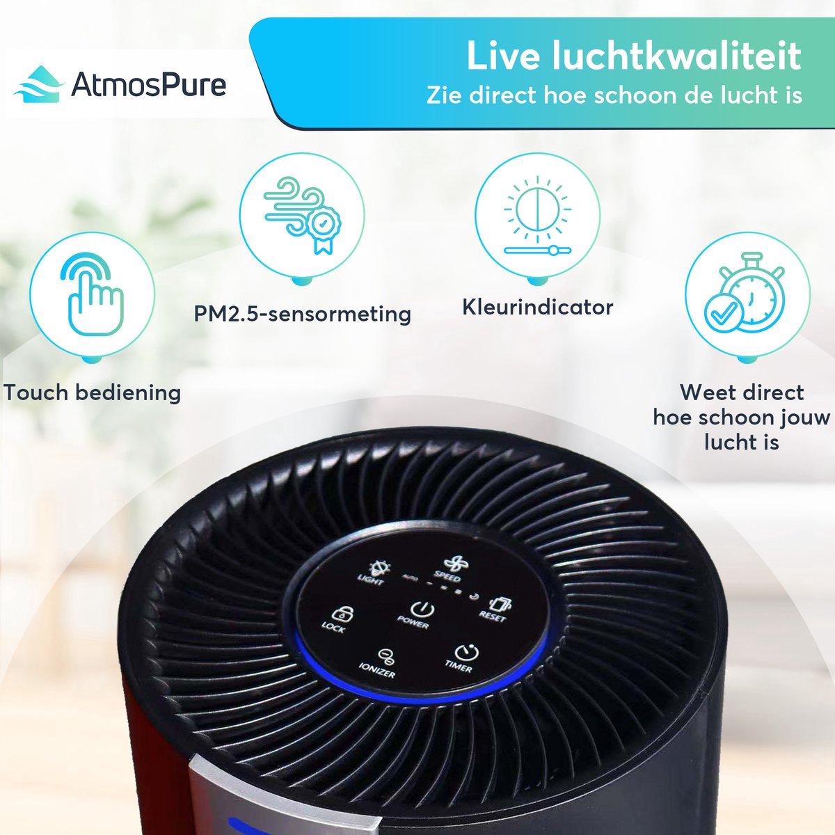AtmosPure® CleanAir Luchtreiniger - Air Purifier met vervangbaar HEPA 13 Koolstof filter + Extra filter - CADR 250 m³/h - Zwart - Voor 98 m² - Werkt tegen huisstofmijt, hooikoorts, allergie, -3 standen + stille slaapstand - Luchtkwaliteit Sensor thumbnail 4