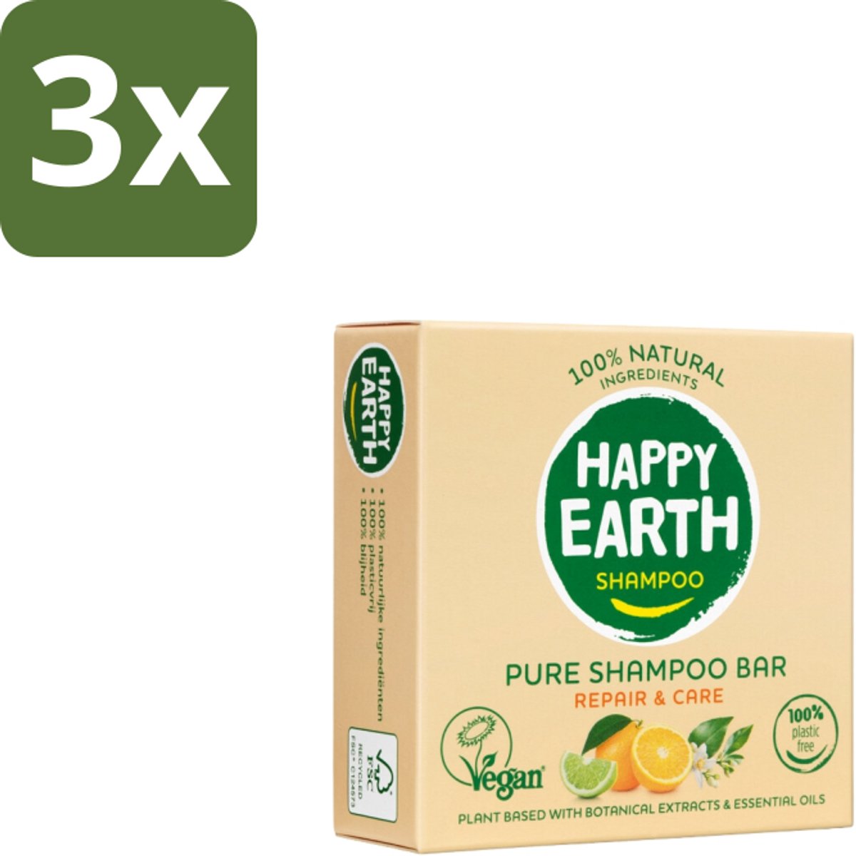 Happy Earth – Shampoo Bar – 100% Natuurlijk Repair & Care – 70 g - Bulkverpakking - 3 stuks