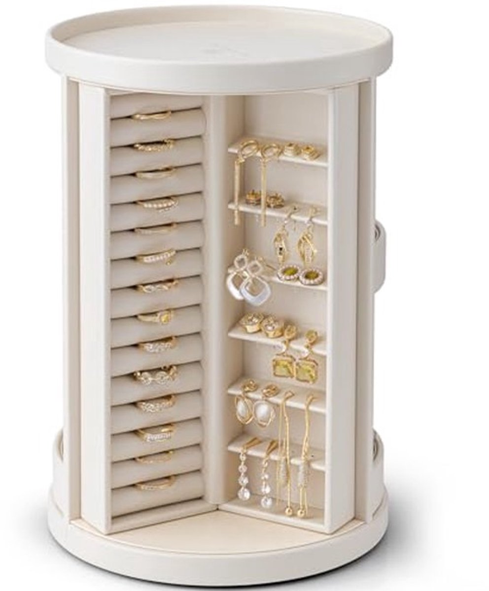 Rotating Sieradenbox met 6 Hangerhaakjes - Verticale Opbergdoos voor Kettingen, Oorbellen en Armbanden - Beige