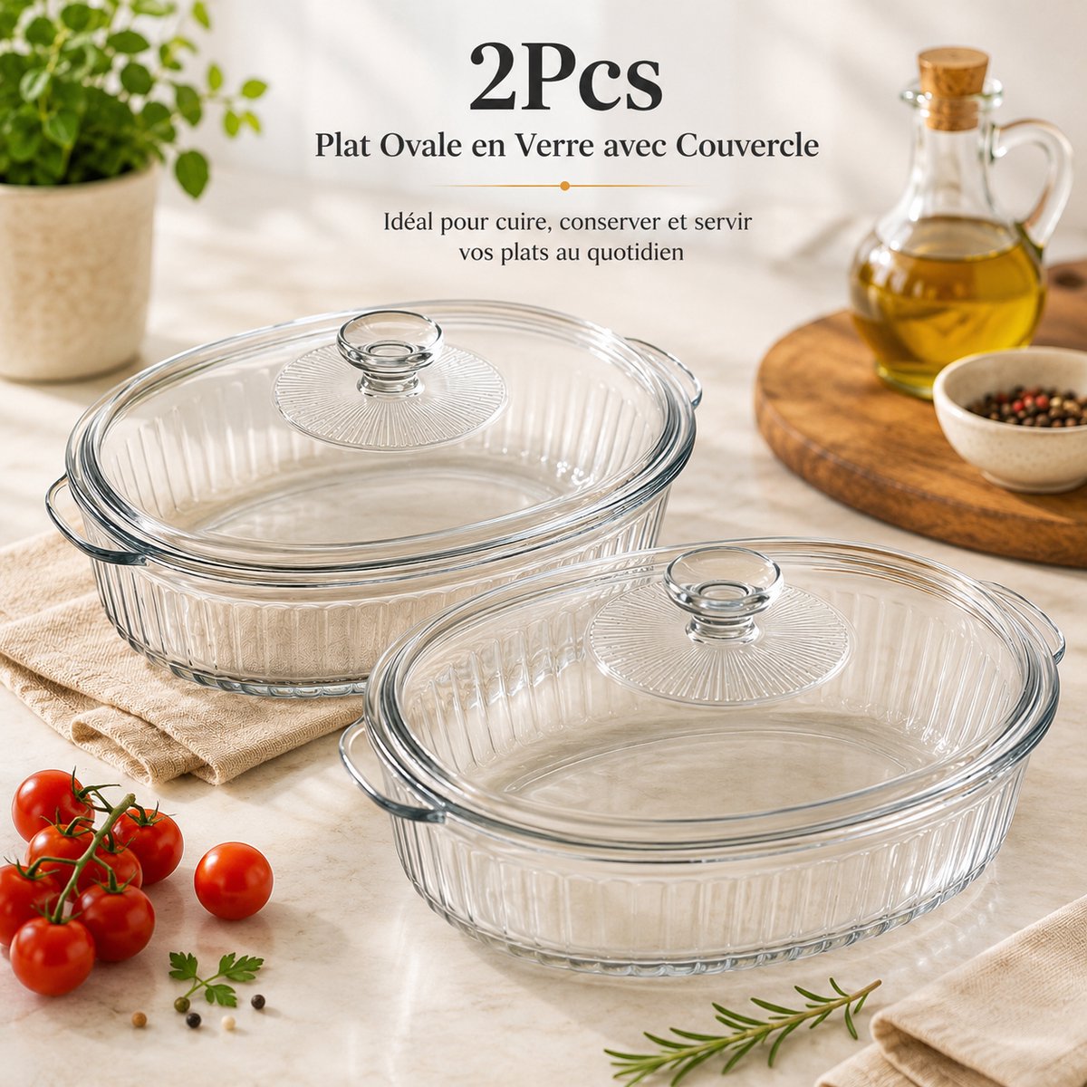 2 Glazen Ovenschalen met Deksel - 2800 ml - Vaatwasserbestendig - Voor Vis, Salade en Pasta - Hittebestendig