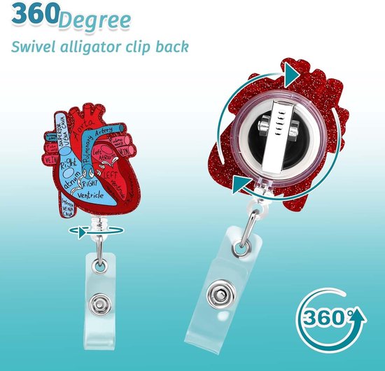 Hartvormige Badgehouder met Retractable Reel en ID Kaart Clip - Grappige Verpleegkundige Naamtag Houder voor Kinderen, Artsen en Medische Assistenten met Alligator Clips — afbeelding 2