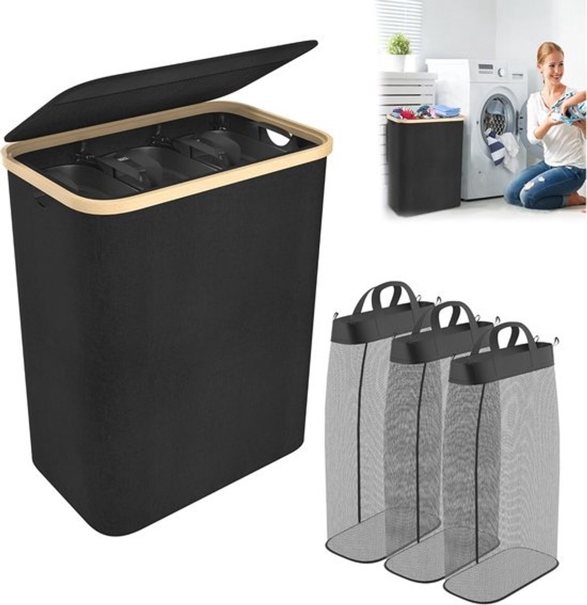 Wasmand met Deksel 140 Liter - 3 Vakken, Ruimtebesparende Wasbox voor Lichte en Donkere Kleding, Gebruiksvriendelijke Wasmand voor Slaapkamer en Huishouden